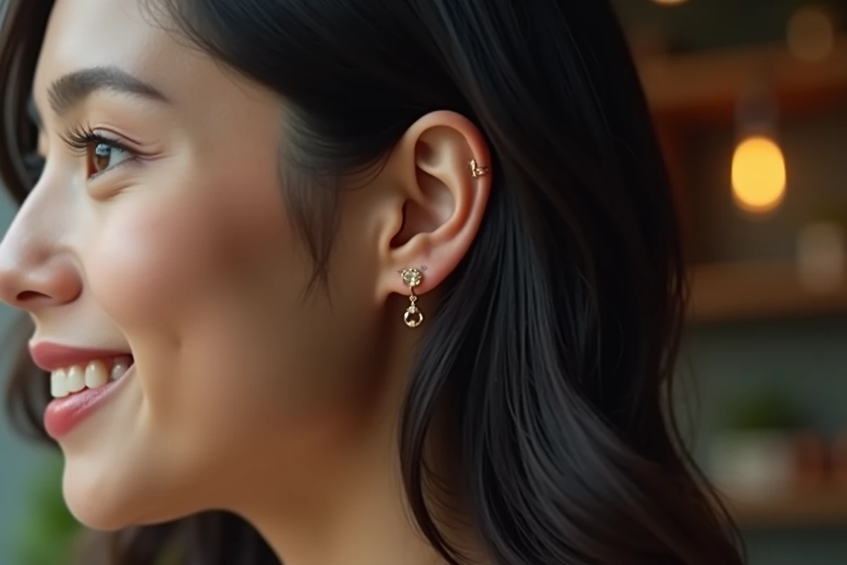 Gros plan sur un piercing cartilage doré en haut de l'oreille d'une femme aux cheveux ondulés