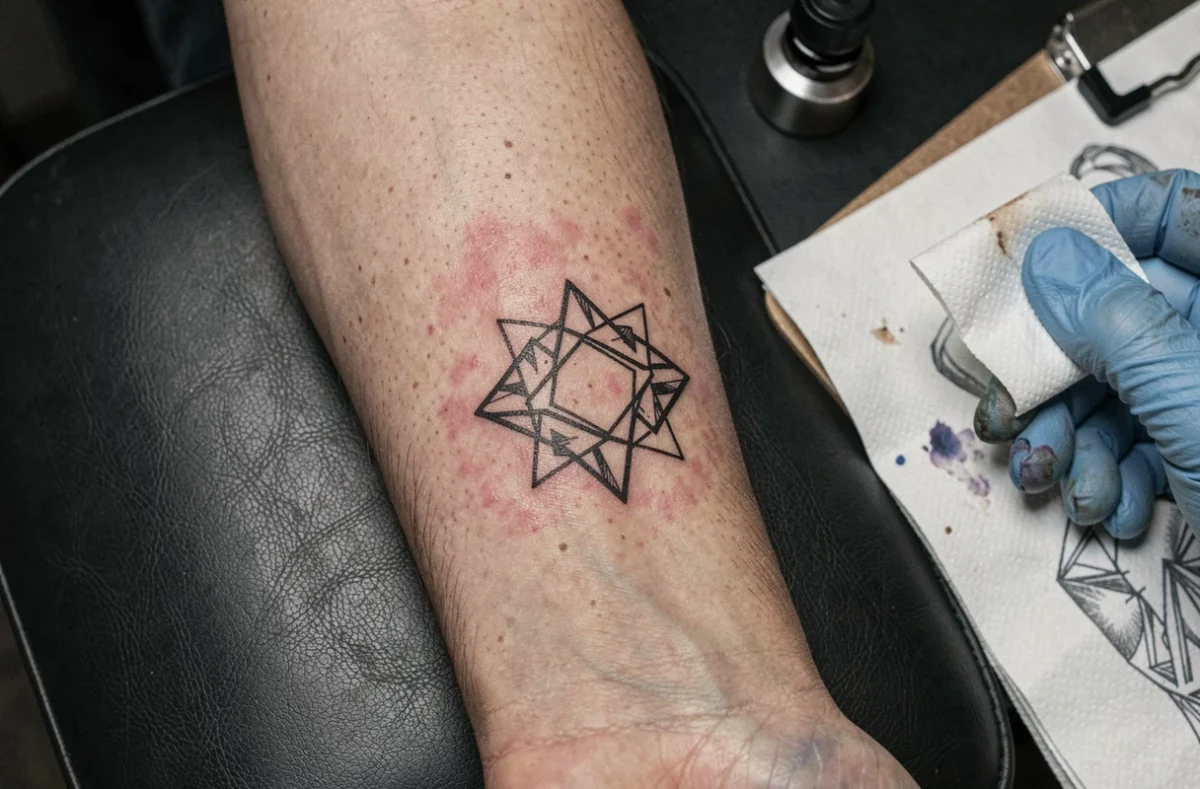 Gros plan sur un tatouage frais au poignet avec rougeurs et gonflement, détails réalistes de peau et d'encre fraîche