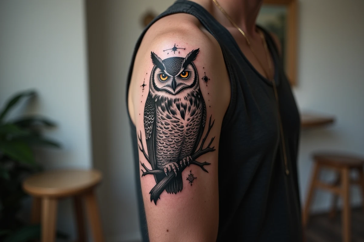 Gros plan d'un tatouage de hibou ésotérique avec symboles occultes et géométrie sacrée sur le bras d'une personne dans un studio de tatouage