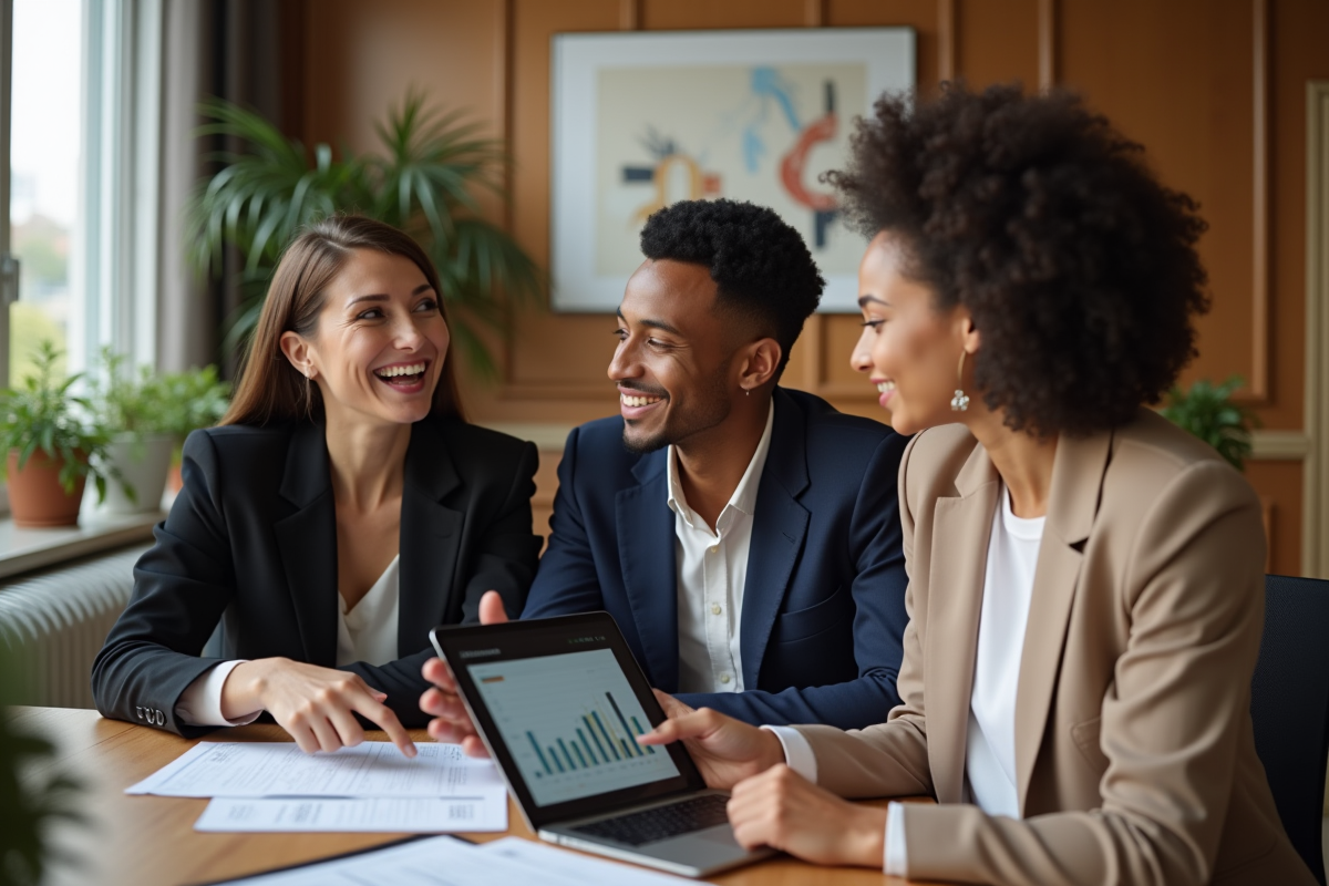 Groupe de professionnels discutant d un graphique sur un tablet