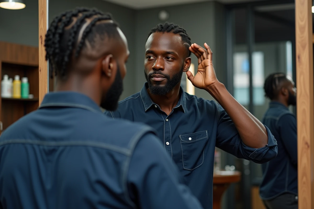 Homme noir en braids dans un barbershop moderne