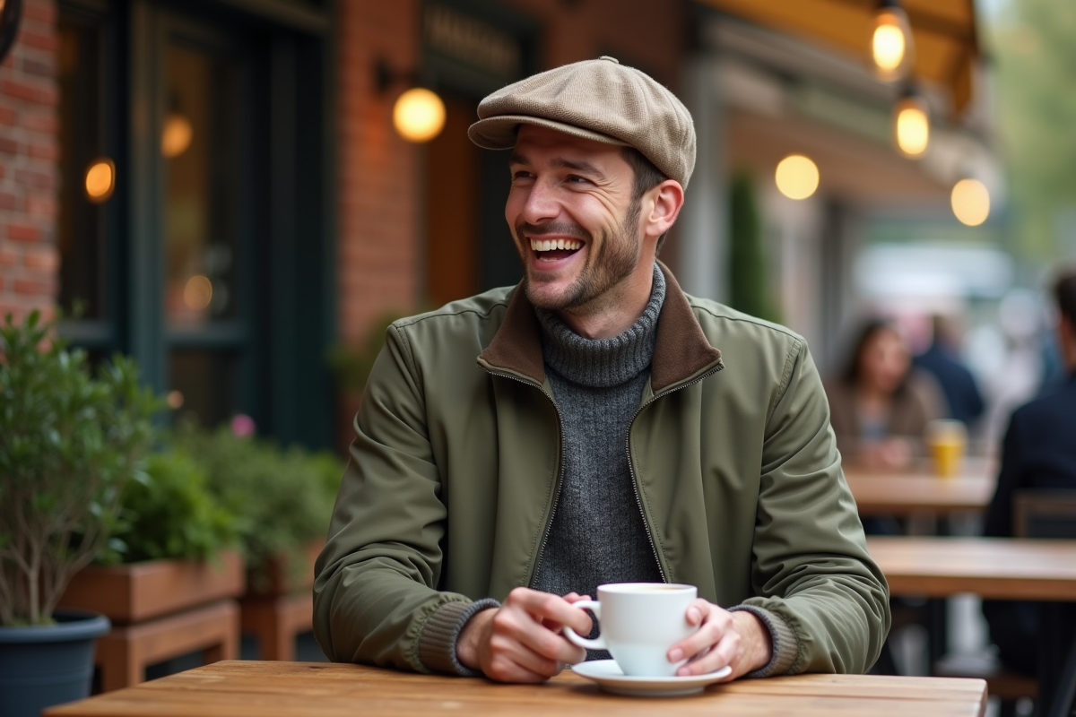 Jeune homme riant au café avec casquette minimaliste en ambiance décontractée