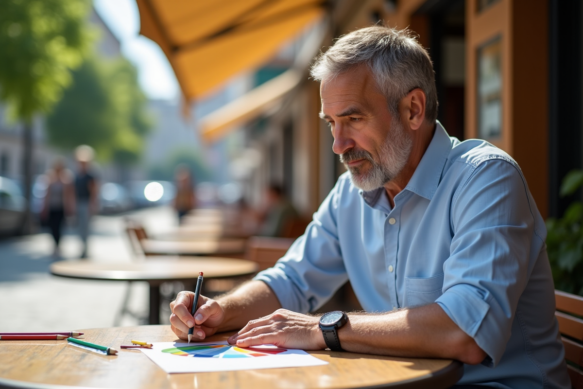 Homme compare crayons de couleur au café en plein air