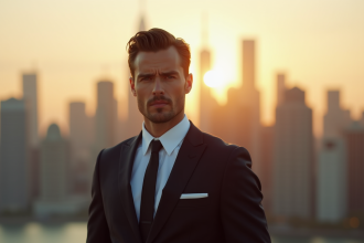 Homme élégant en costume devant la skyline urbaine