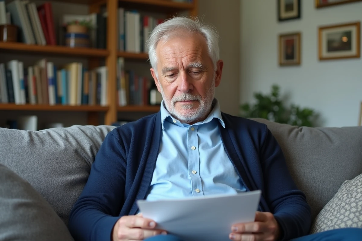 Homme âgé lisant un dépliant dans un salon