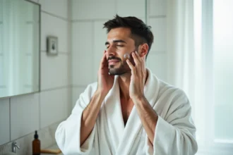 Homme appliquant une huile hydratante sur son visage après le rasage dans une salle de bain moderne