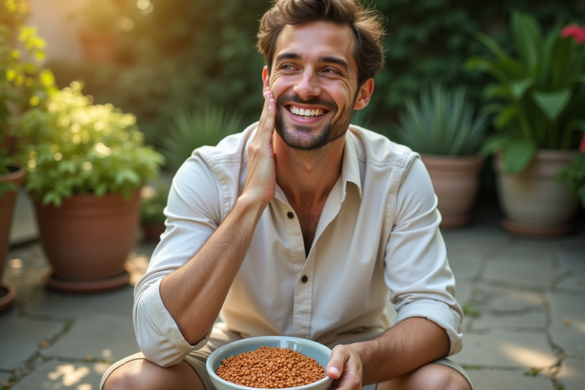 Homme souriant tenant un bol de lentilles dans un jardin