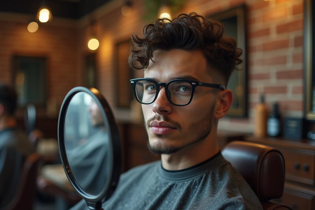 Homme portant des lunettes rectangulaires découvrant sa coupe courte bouclée chez le barbier