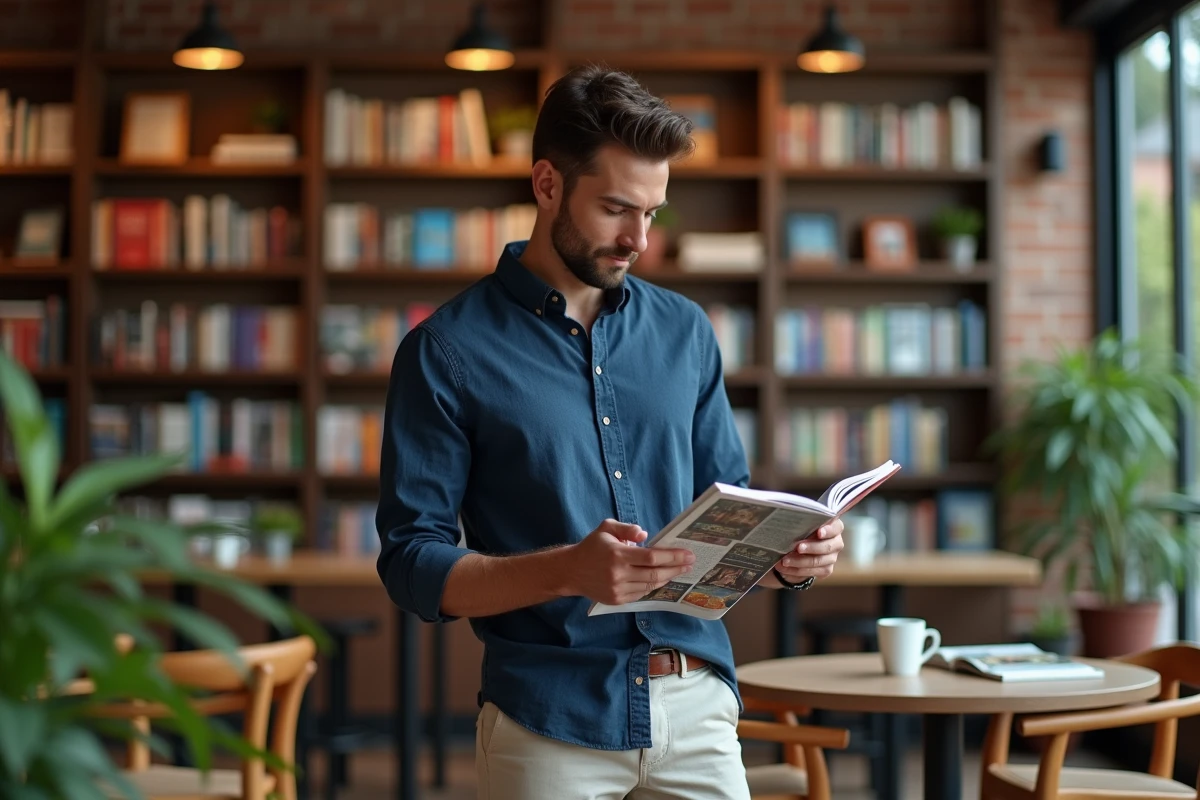 Jeune homme moderne feuilletant un magazine lifestyle dans un café librairie urbain avec étagères de livres et briques apparentes