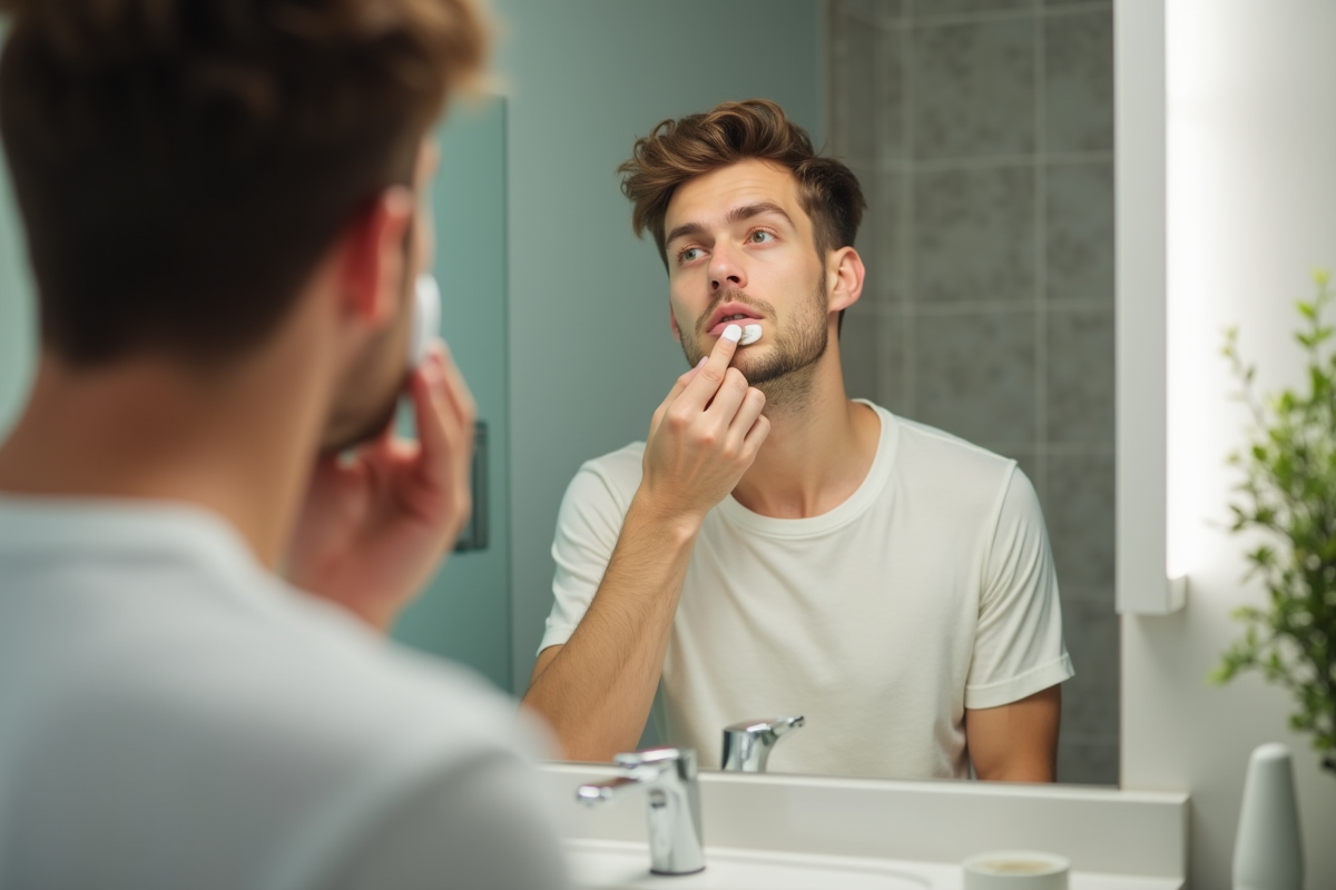 Jeune homme appliquant fond de teint dans sa salle de bain moderne