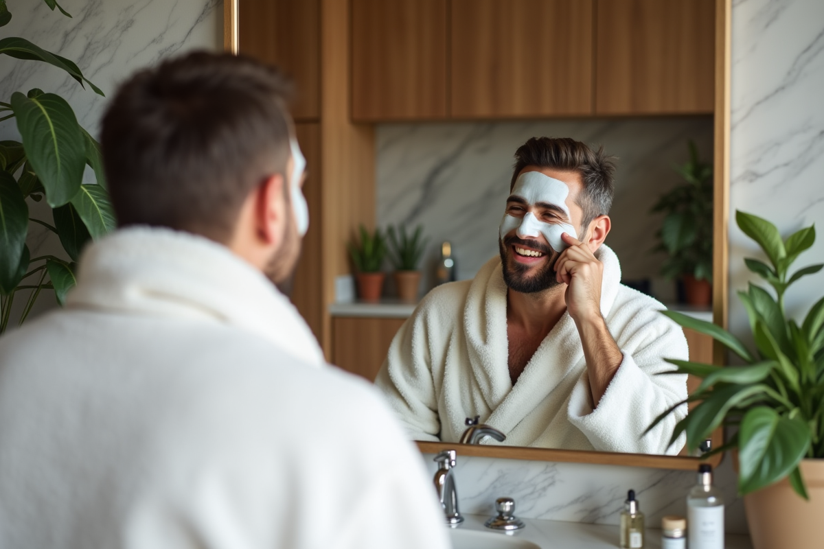 Homme appliquant un masque facial dans sa salle de bain