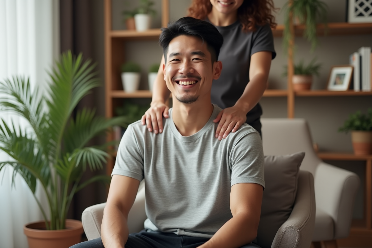 Homme souriant recevant un massage dans un salon cosy