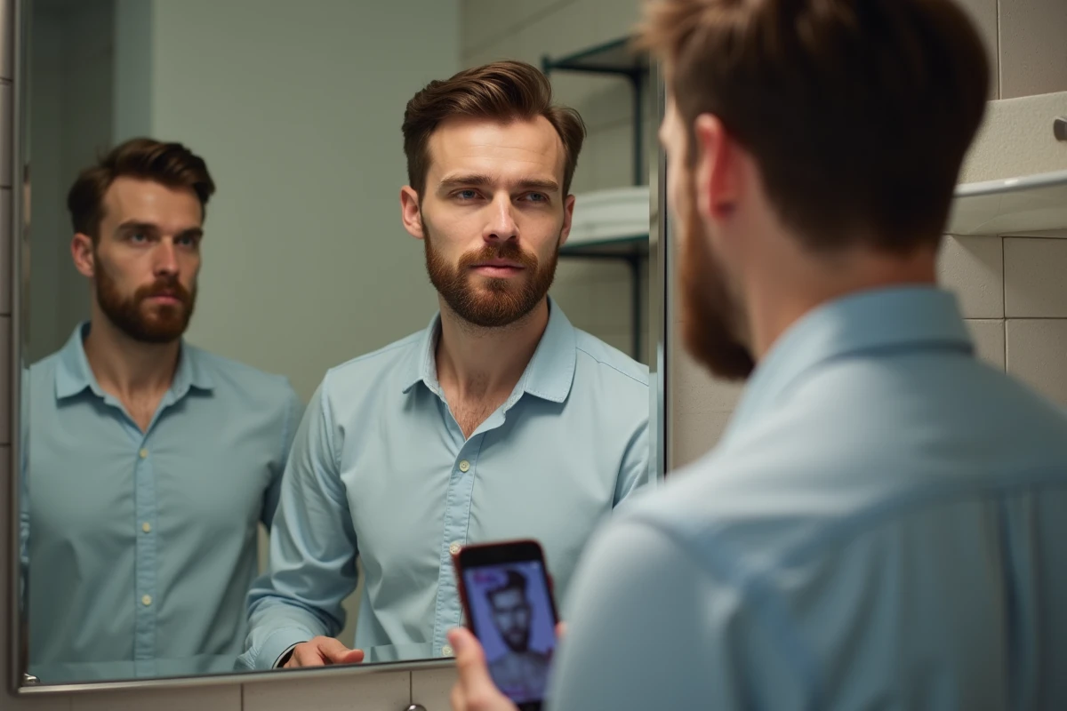 Jeune homme regardant son téléphone pour choisir sa coiffure