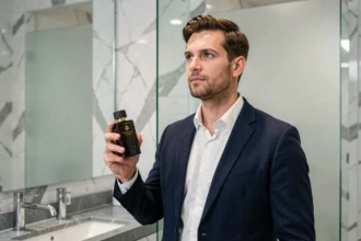 Homme en blazer marine tenant un flacon de parfum élégant dans une salle de bain en marbre moderne