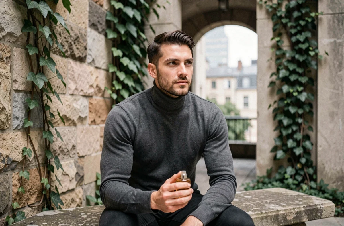 Homme en col roulé gris tenant un flacon de parfum dans une cour urbaine en pierre avec végétation, style éditorial