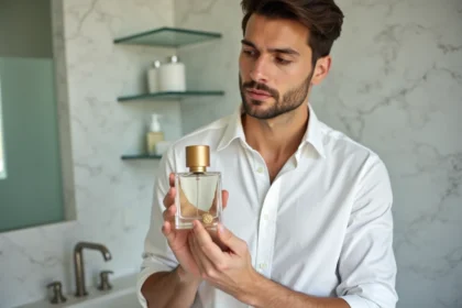 Homme tenant un flacon de parfum dupe Zara dans une salle de bain moderne aux tons neutres