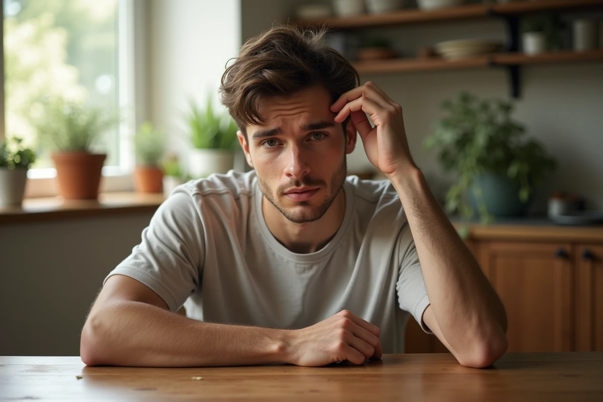 Homme pensif touchant ses cheveux dans la cuisine