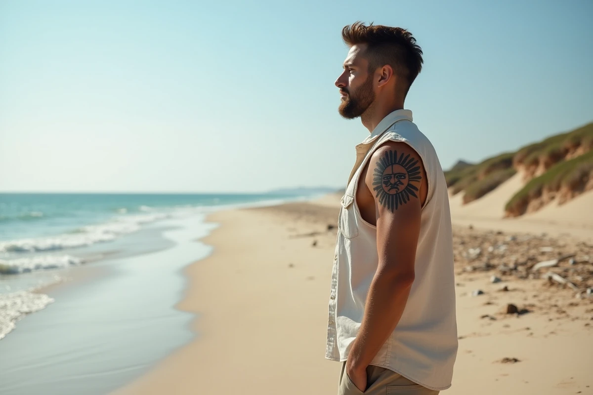 Homme avec tatouage soleil regardant l ocean sur la plage