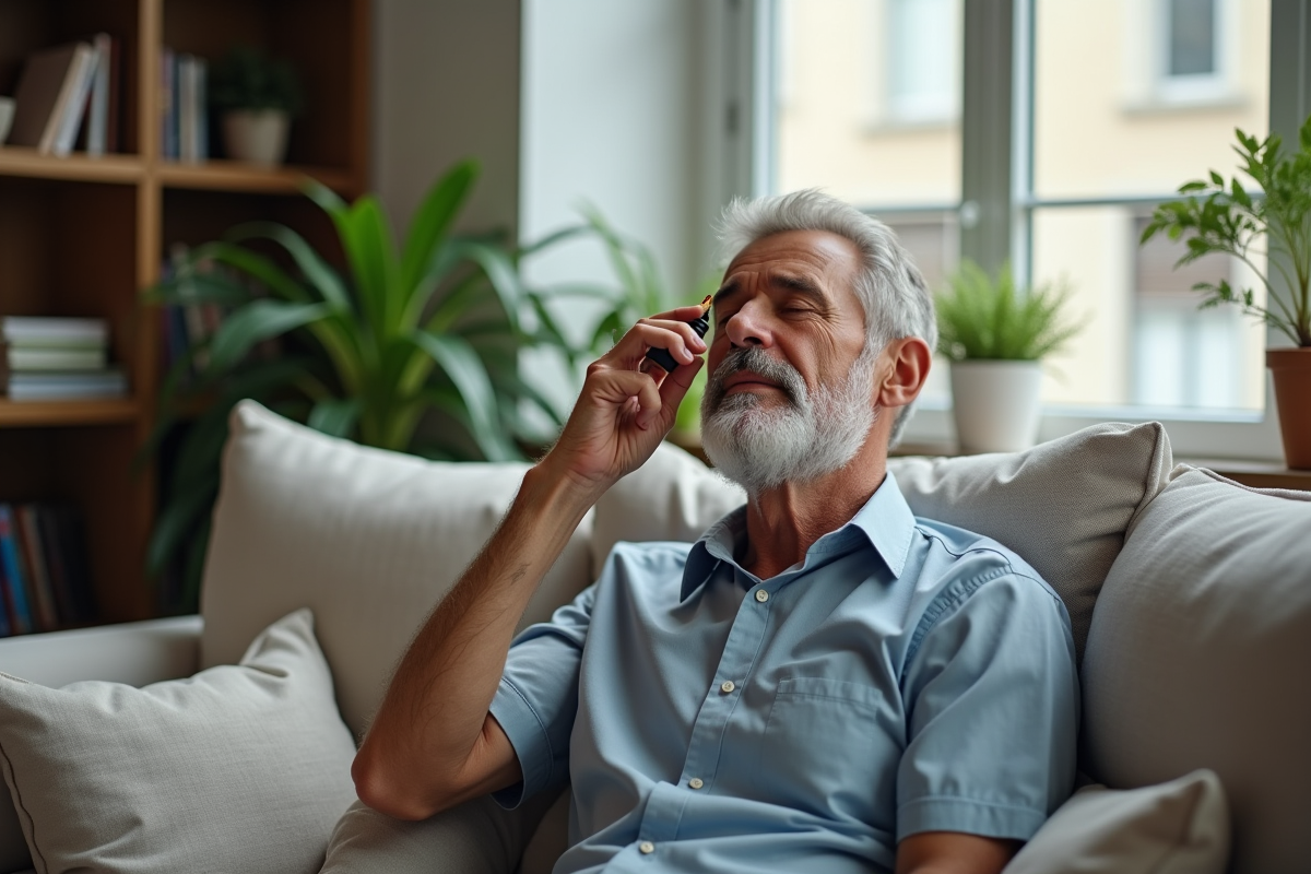 Homme se relaxant avec huiles essentielles dans le salon