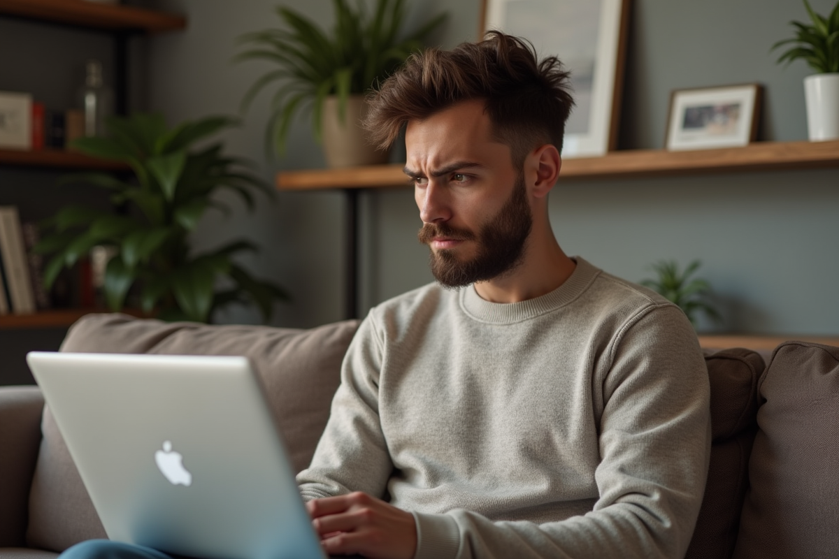 Jeune homme regardant des vidéos sur son ordinateur dans un salon