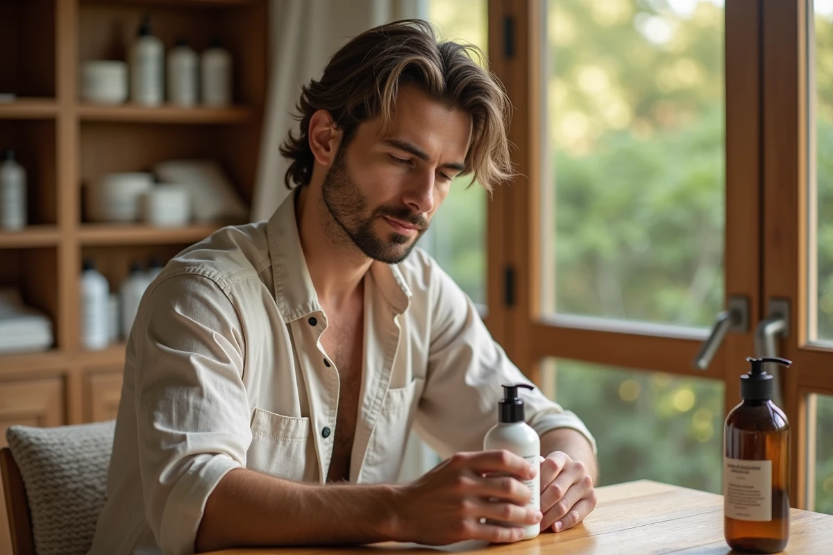 Homme examinant une bouteille de shampoing naturel
