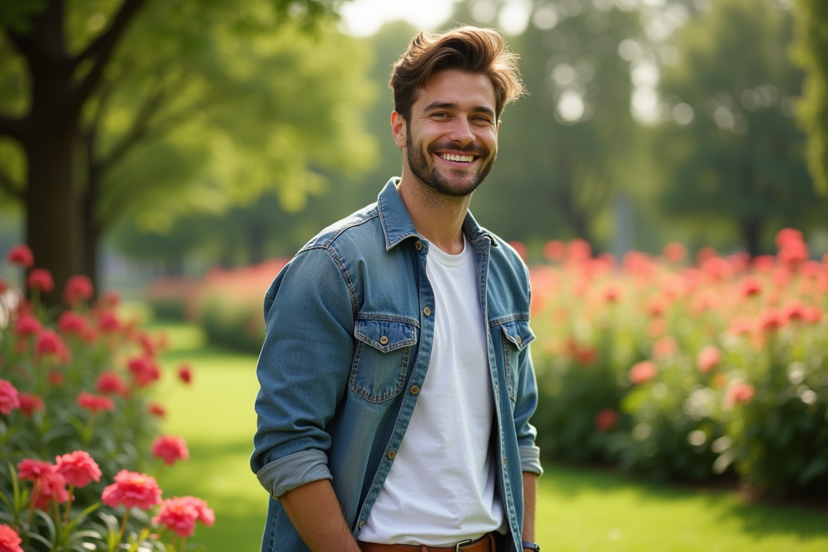 Homme souriant dans un parc vert avec des fleurs