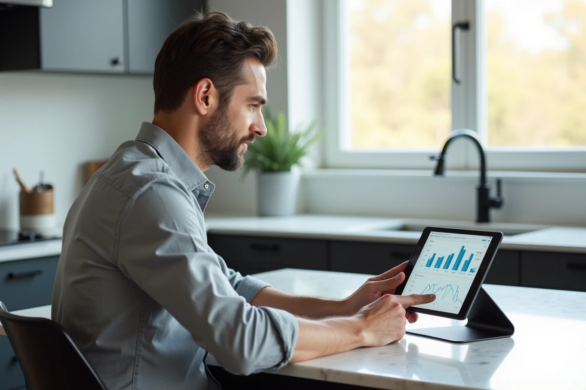 Homme consultant ses statistiques de ventes et son chiffre d'affaires sur une tablette depuis son bureau à domicile