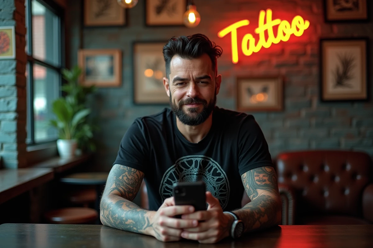 Homme tatoué dans un salon de tatouage consultant un simulateur de prix tatouage sur smartphone