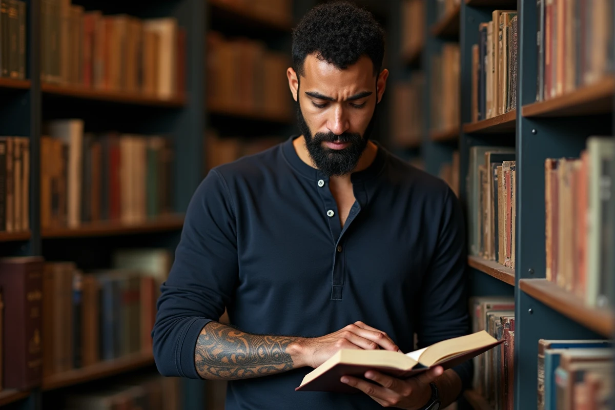 Homme avec tatouage trois triangles sur l'avant-bras consultant un livre de symbolisme dans une bibliothèque