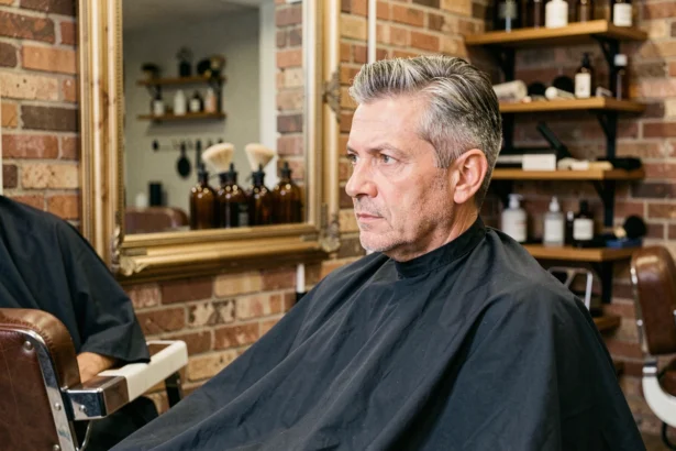 Homme aux cheveux gris sel et poivre assis dans un fauteuil de barbier moderne, réfléchissant à une teinture cheveux gris