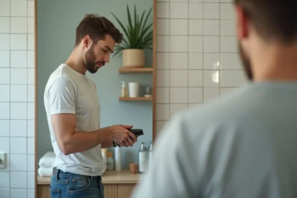 Jeune homme se coupe les cheveux à la maison dans la salle de bain