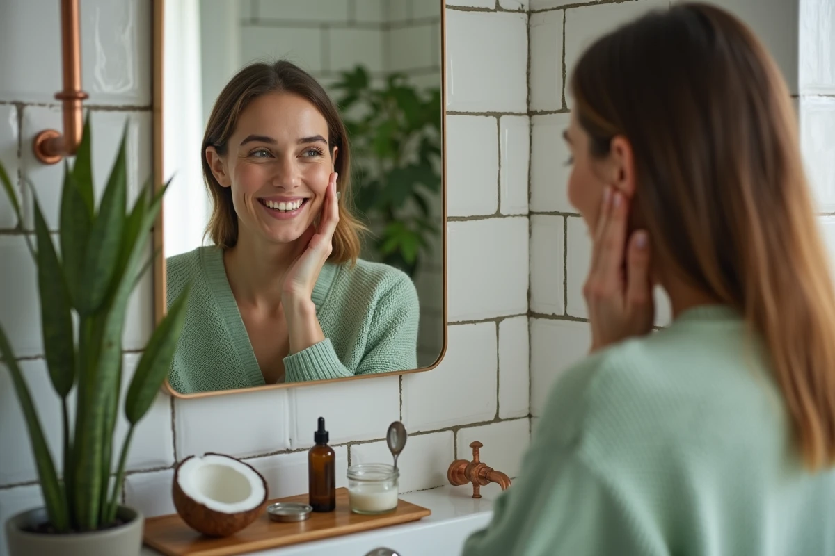 Femme souriante devant un miroir de salle de bain avec de l'huile de coco et des produits naturels pour le soin des dents blanches