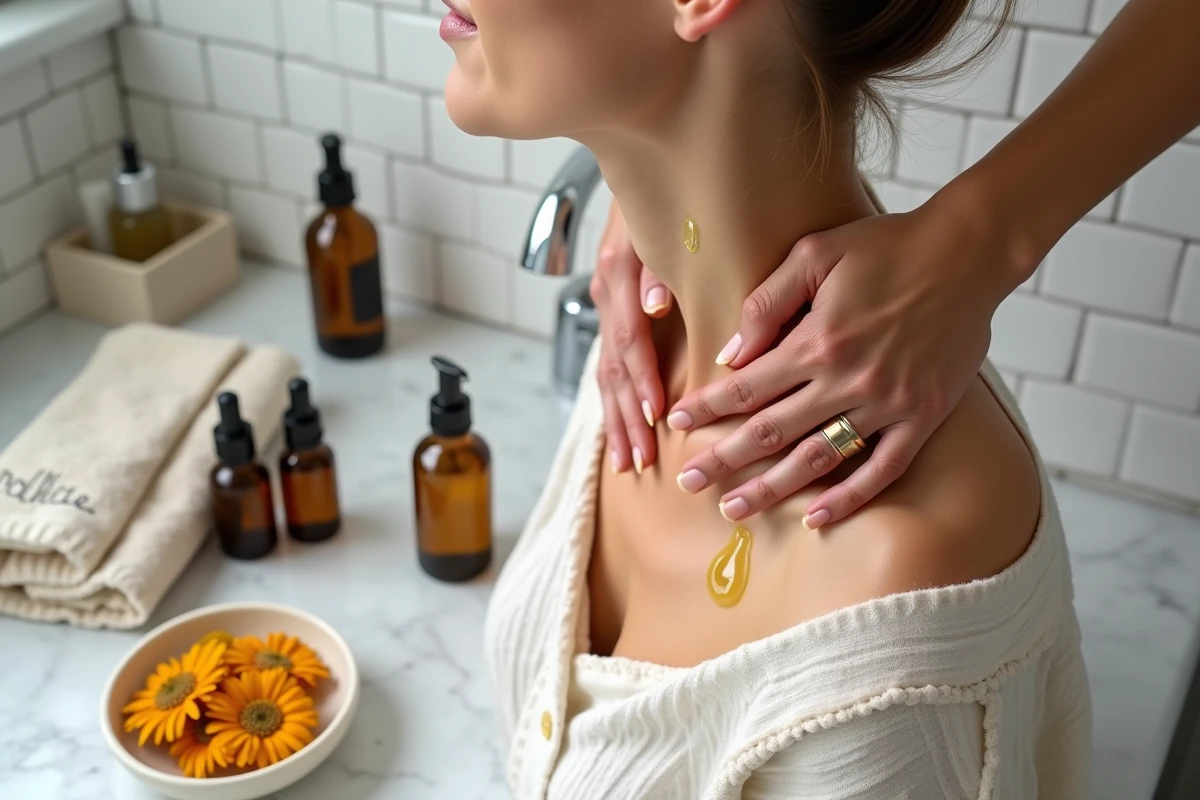 Gros plan sur des mains féminines massant une huile naturelle dorée sur le cou et le décolleté, avec des flacons ambrés et des fleurs séchées sur un comptoir en marbre
