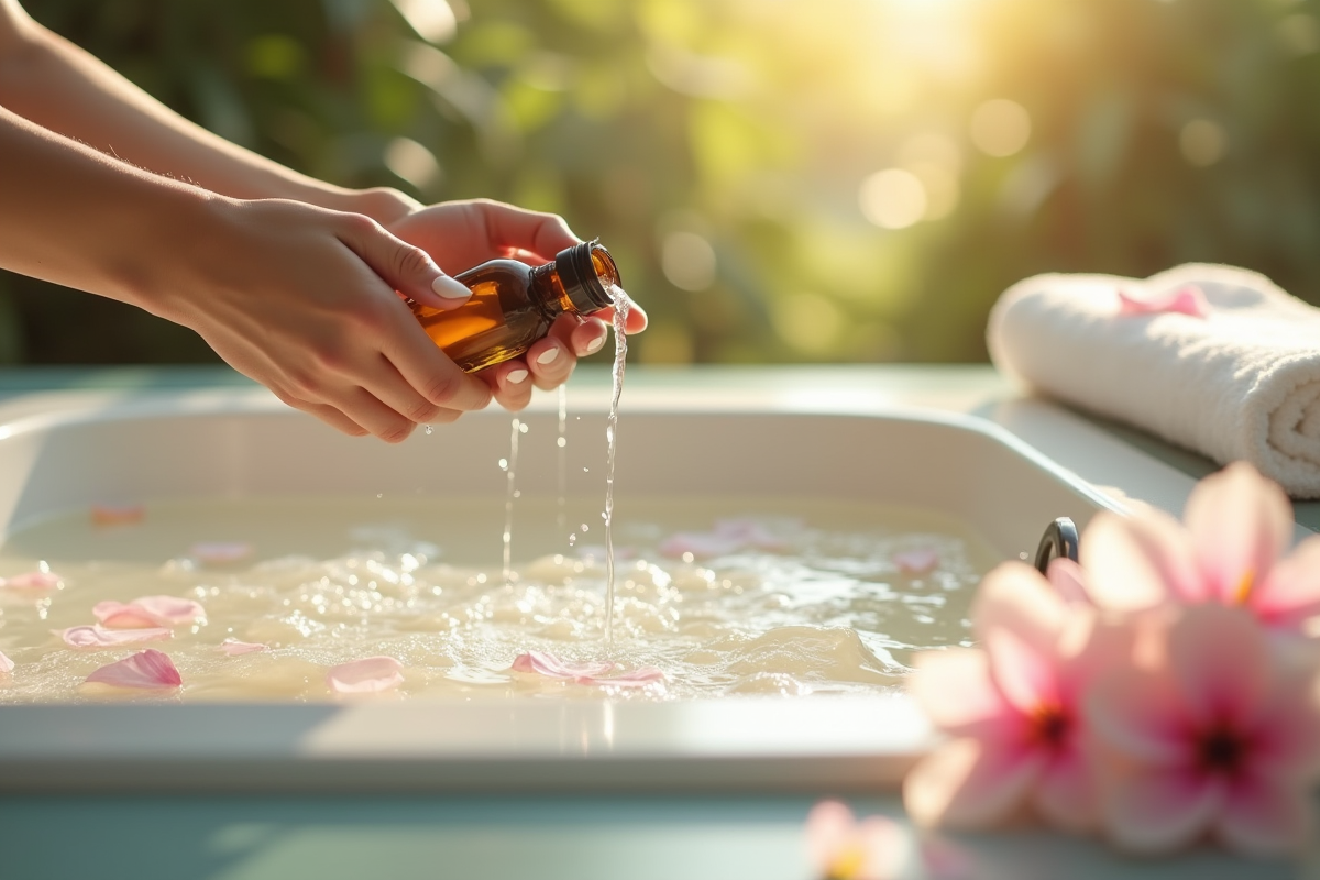 Mains versant huiles essentielles dans un bain relaxant