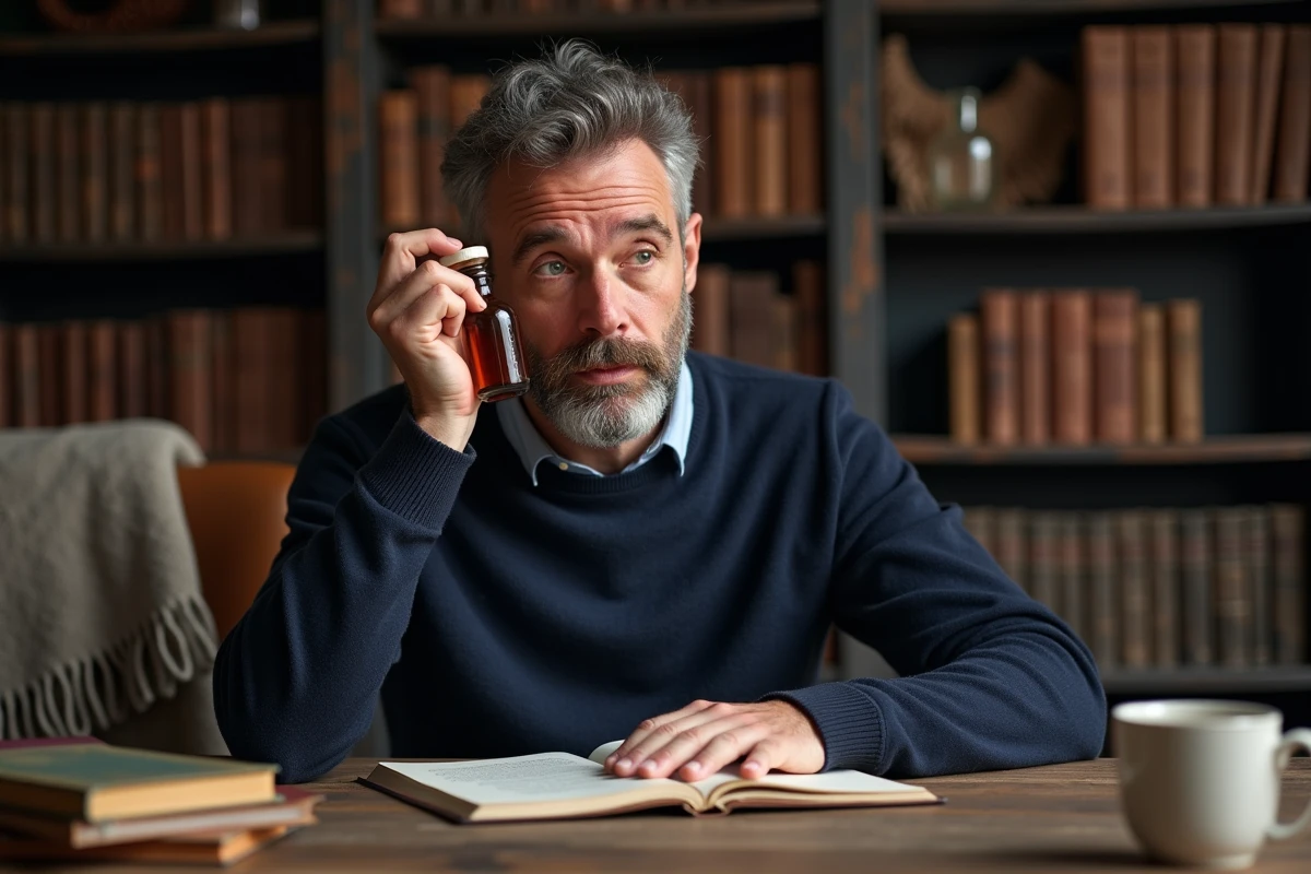 Homme à la peau claire examinant un flacon de parfum ambré dans un bureau en bois entouré de livres, illustrant le choix d'intensité olfactive selon le type de peau