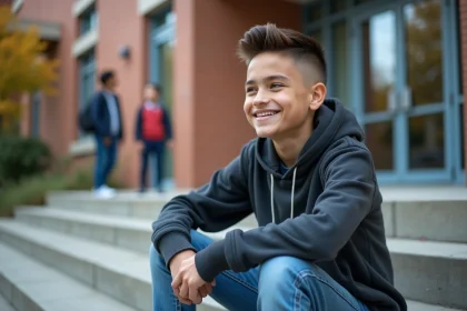 Jeune adolescent souriant assis devant une école moderne
