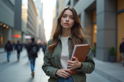 Jeune femme confiante dans la ville moderne