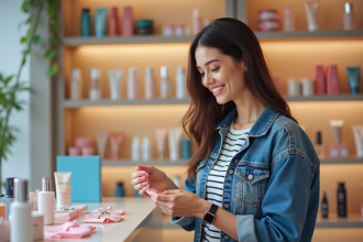 Jeune femme souriante examinant un échantillon de beauté en magasin
