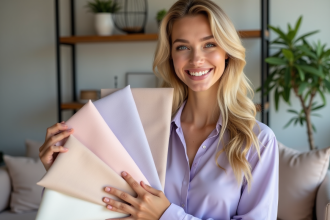 Jeune femme blonde souriante avec tissus pastel en main