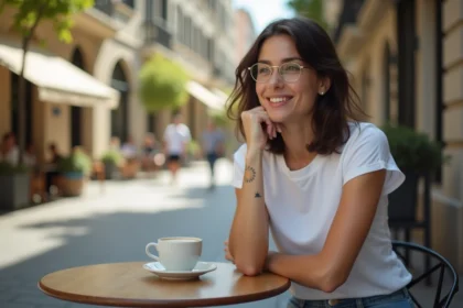 Jeune femme avec tatouage soleil sirotant son café en ville