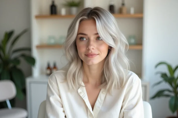 Jeune femme aux cheveux blanc naturel avec des racines châtain dans un salon minimaliste