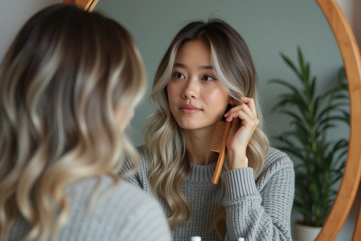 Jeune femme aux cheveux poivre et sel naturels devant un miroir de coiffeuse à la maison