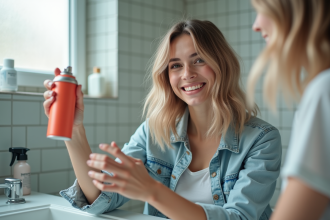 Jeune femme souriante en train de se coiffer avec spray coloré