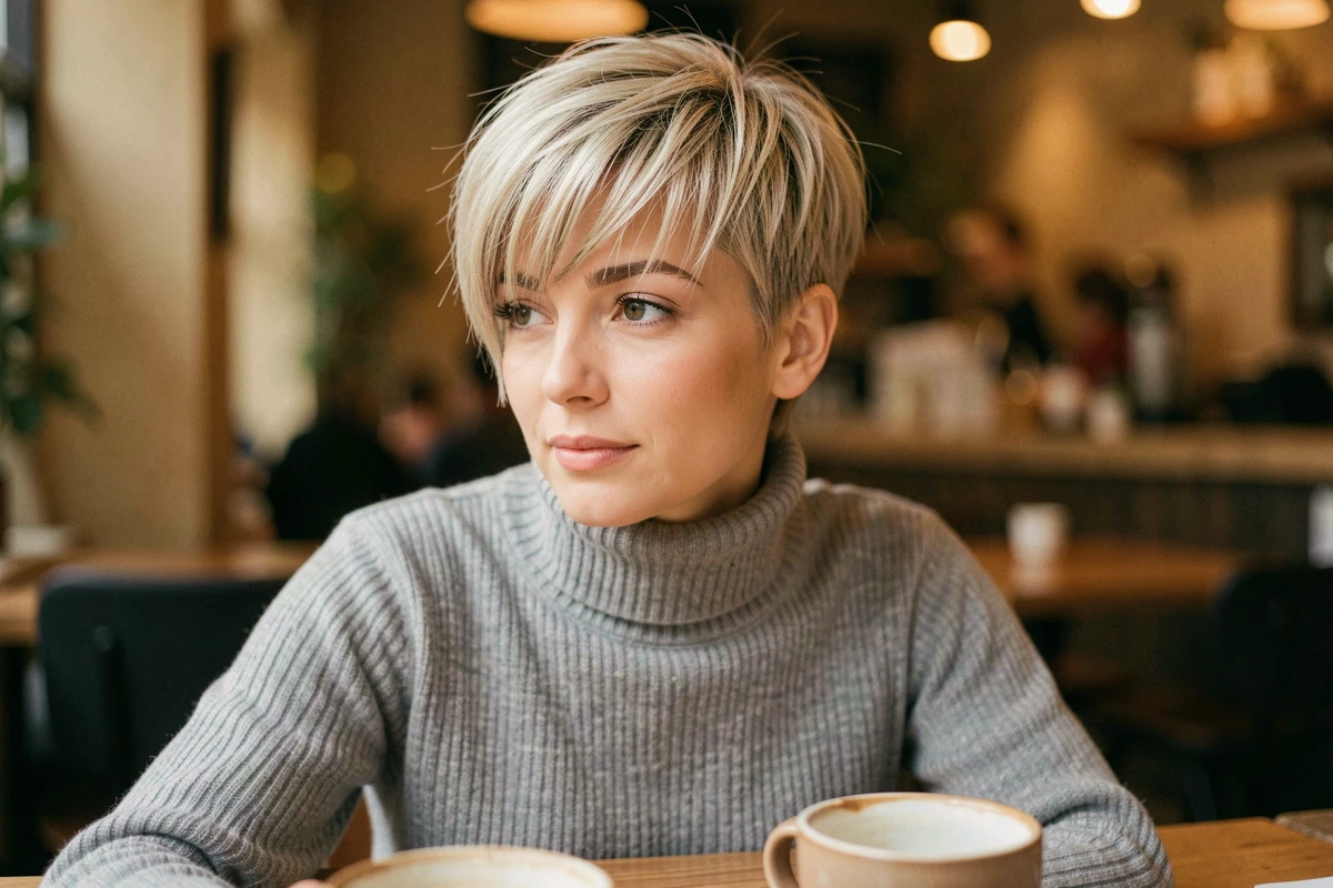 Jeune femme avec coupe pixie courte et micro-frange sur cheveux fins dans un café