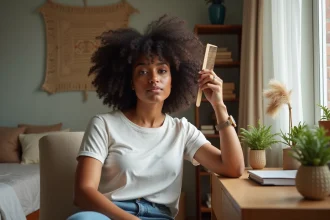 Jeune femme noire aux cheveux bouclés détendus dans sa chambre lumineuse