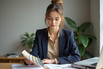 Jeune femme étudie des échantillons de peinture dans un bureau moderne