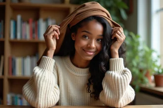Jeune femme noire avec un kardoune dans cheveux ondulés