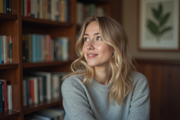 Jeune femme aux cheveux blonds assise dans une bibliothèque