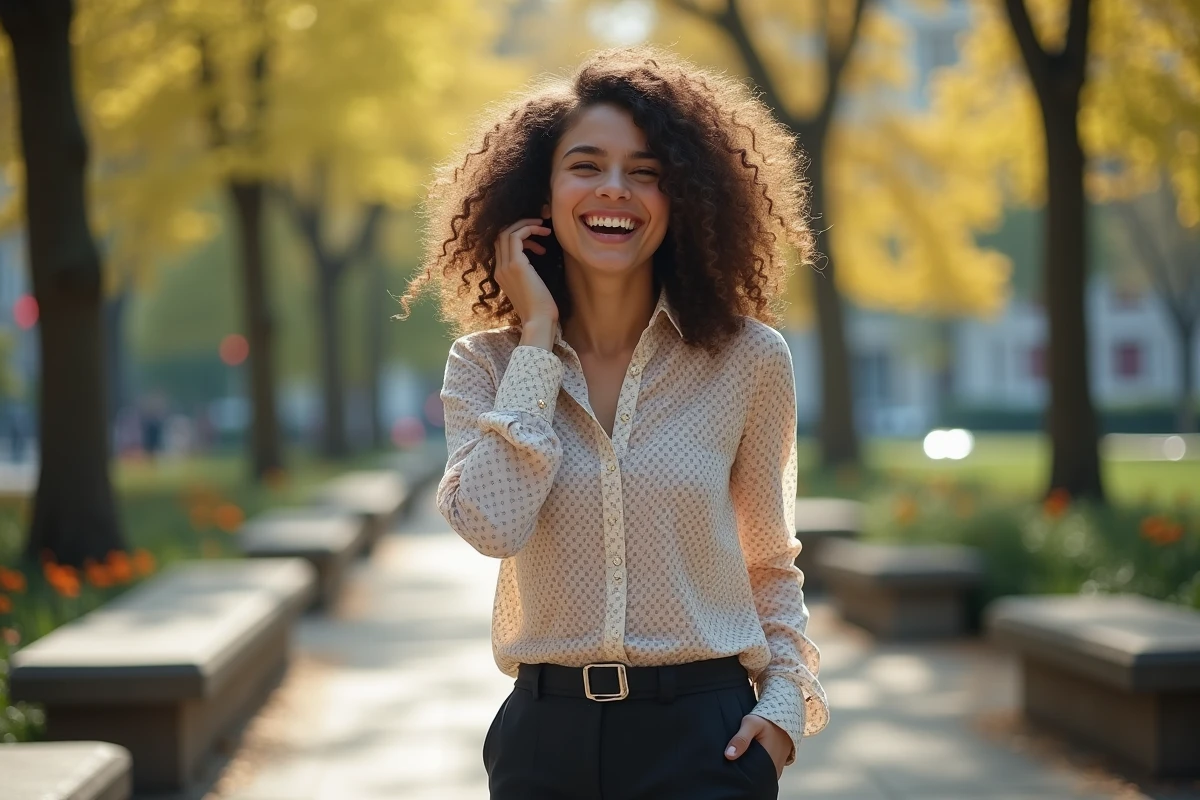 Jeune femme aux cheveux bouclés en plein rire dans un parc urbain