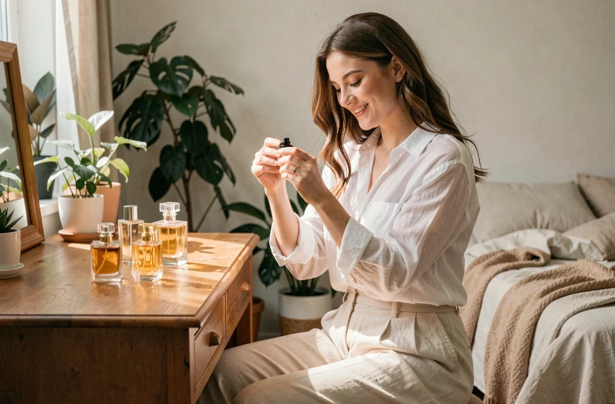 Jeune femme en tenue décontractée testant plusieurs parfums Zara sur sa coiffeuse en bois dans un appartement cosy